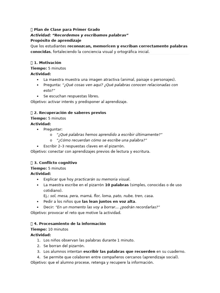 ? Plan de Clase para Primer Grado | PDF | Aprendizaje | Ciencia cognitiva