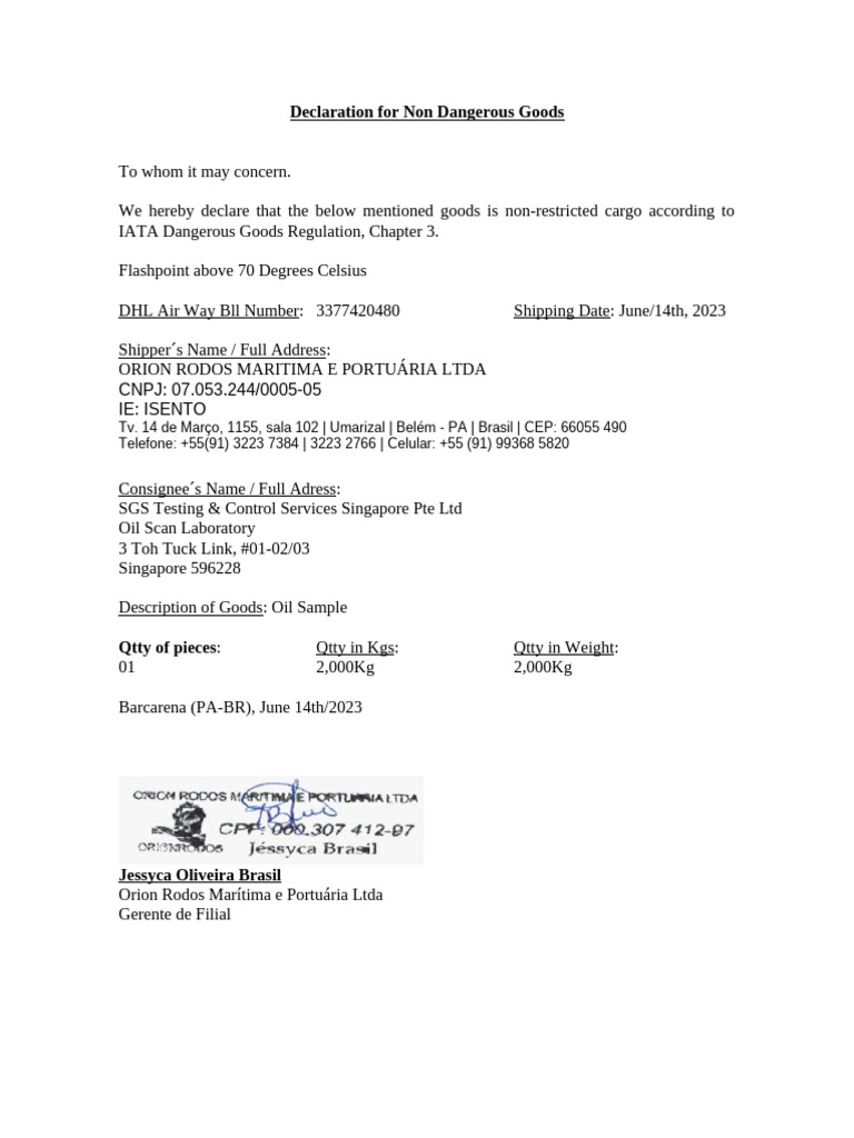 Declaration For Non Dangerous Goods - DHL | PDF