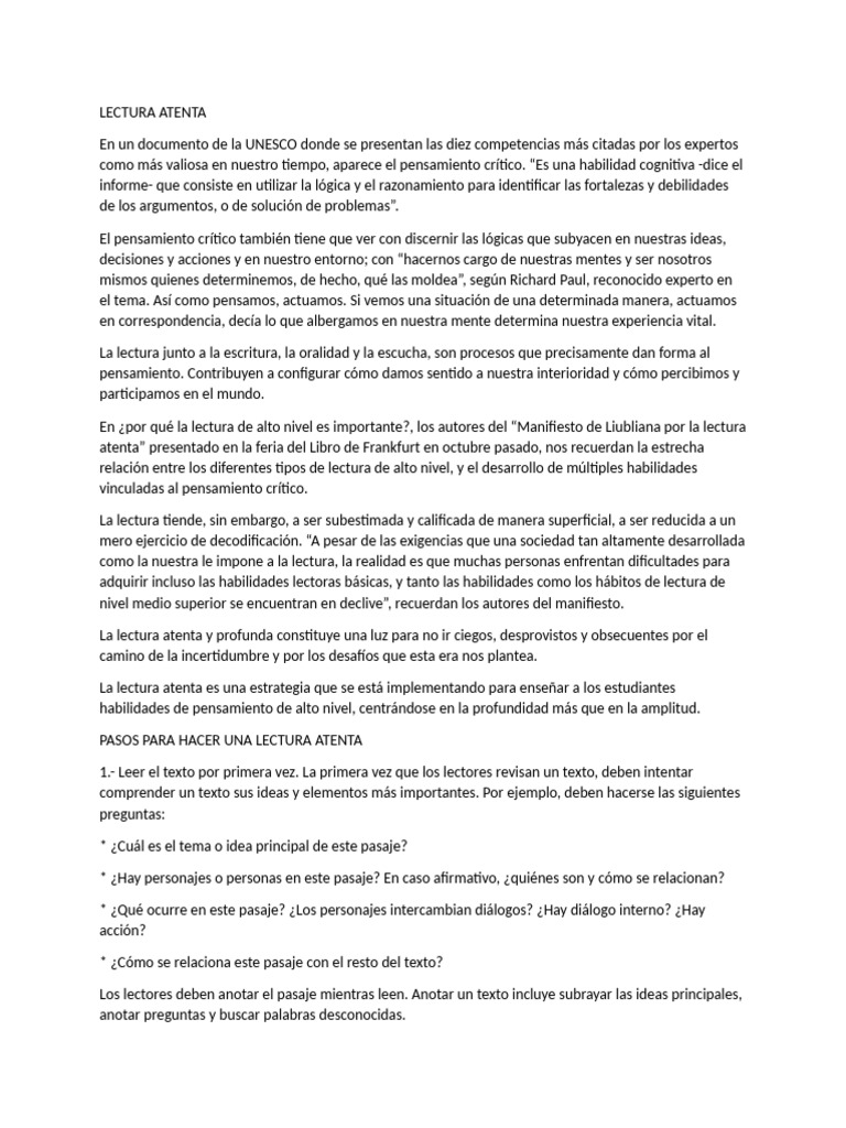 Lectura Atenta | PDF | Pensamiento | Pensamiento crítico