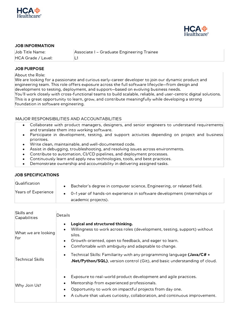 Associate I - Graduate Engineering Trainee - HCA Healthcare | PDF ...