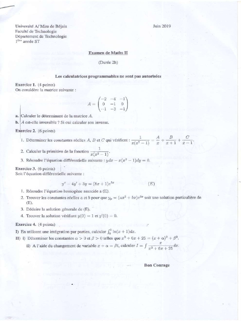 Sujet Et Corrigé Examen Maths 2 - Compressed | PDF