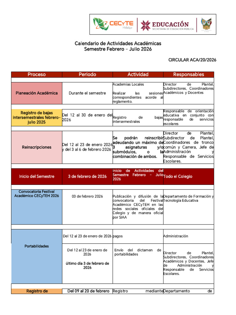 Calendario de Actividades Febrero - Julio 2026 | PDF