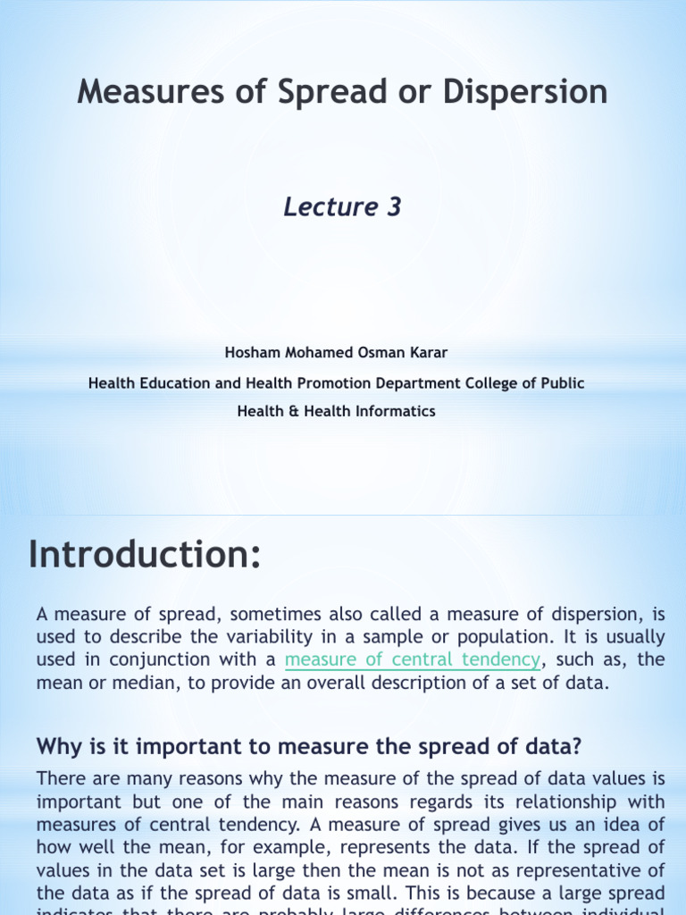 Lecture 3 - Measures of Spread | PDF | Variance | Mean
