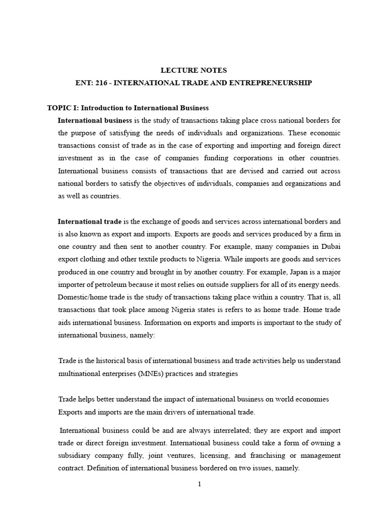 Ent 216 Intl Trade and Ent Lecture Note | PDF | Mergers And ...