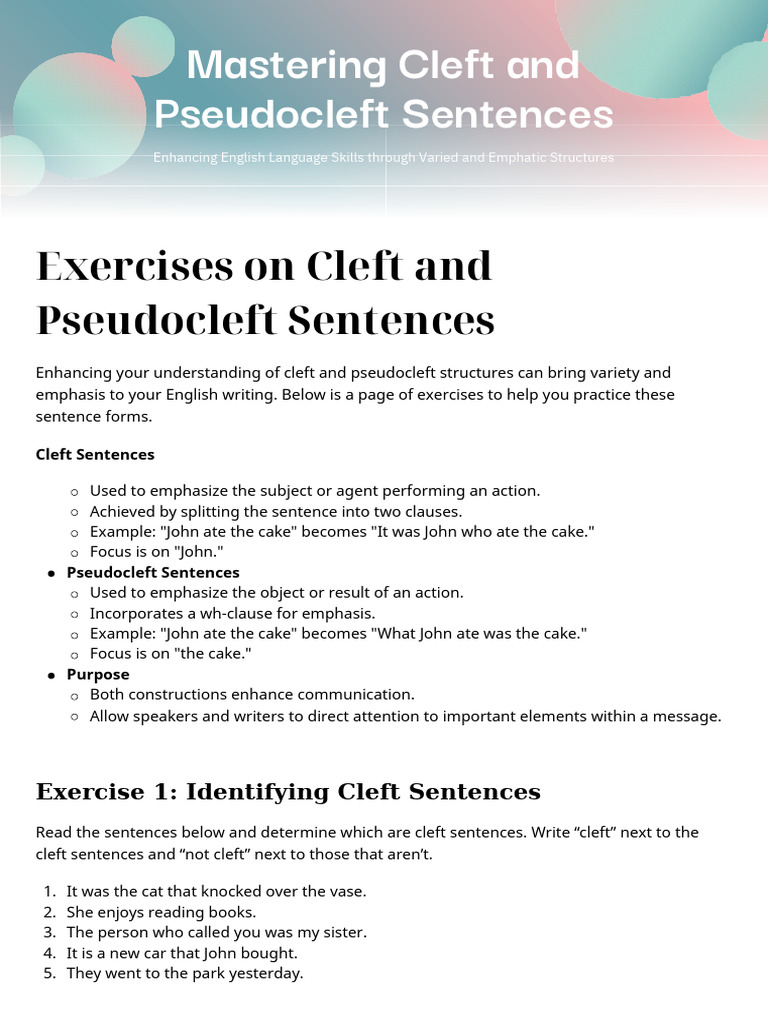Exercises On Cleft and Pseudocleft Sentences - 20260122 - 062403 - 0000 ...