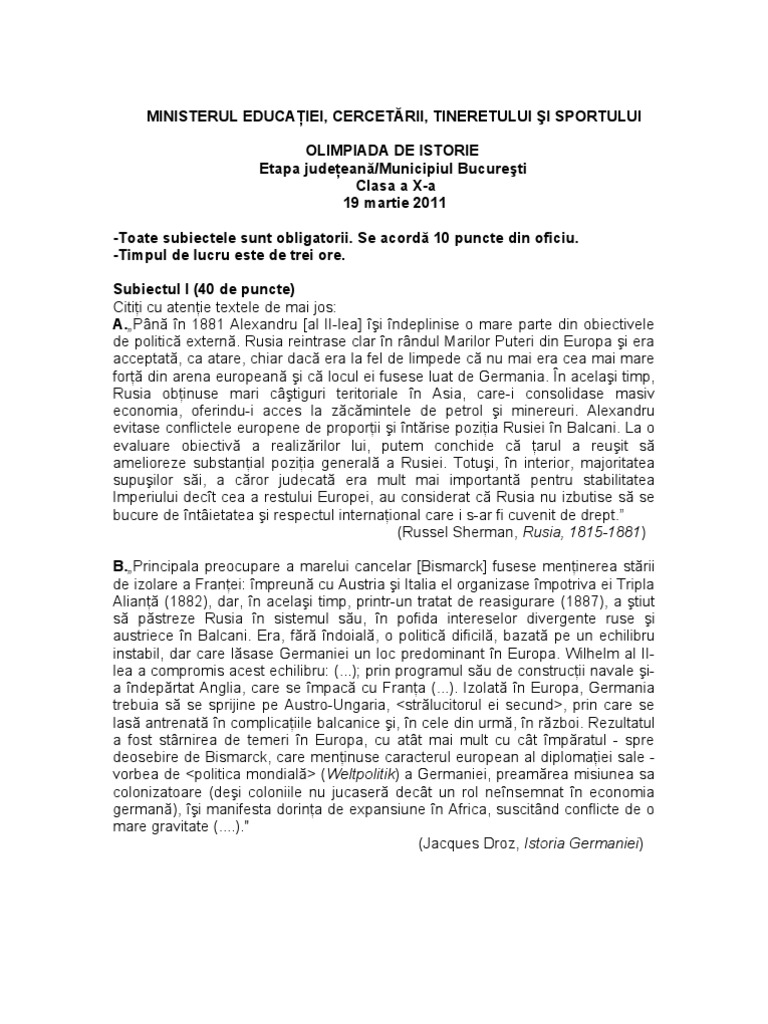 Subiecte Olimpiada de Istorie Etapa Judeteana Clasa a Xa 2011