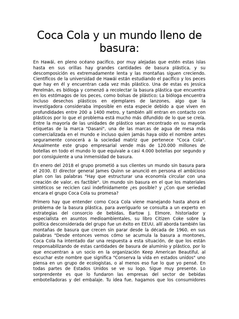 Coca Cola y Un Mundo Lleno de Basura | PDF | Residuos | El plastico