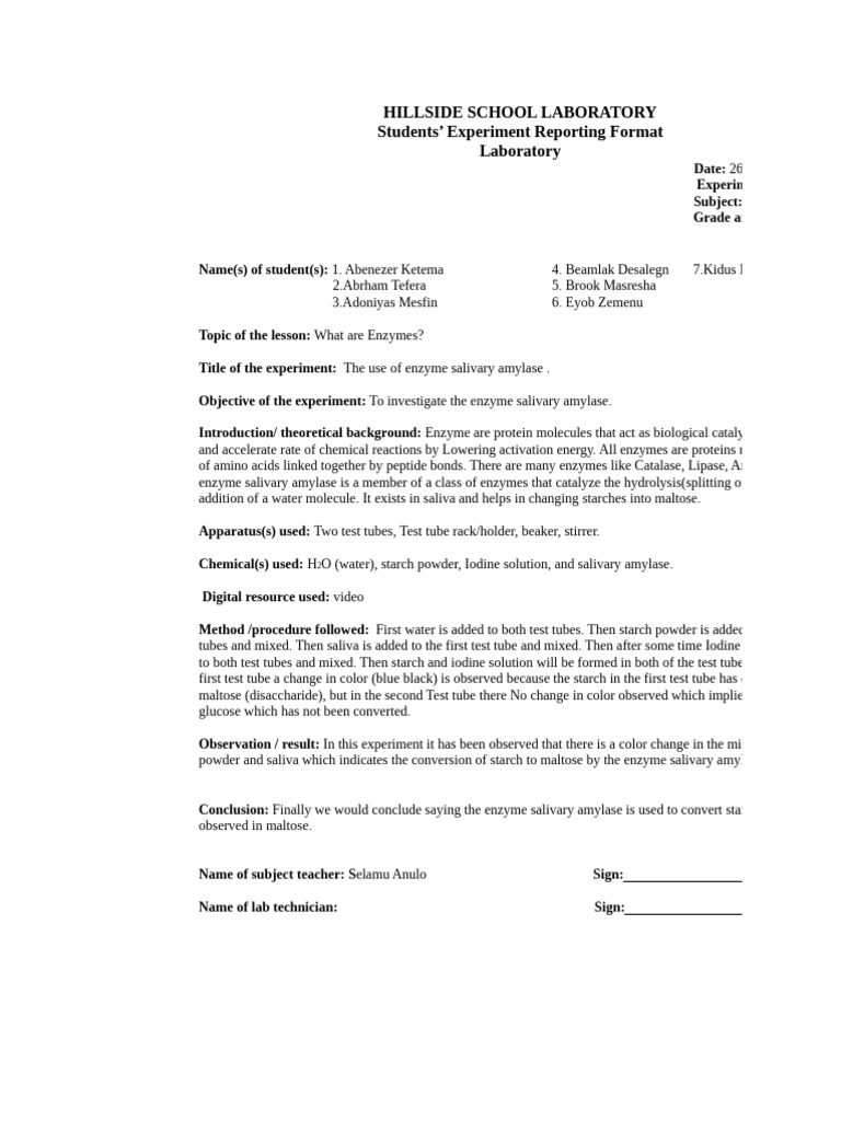 Lab Report-1 11c Salivary Amylase | PDF | Enzyme | Starch