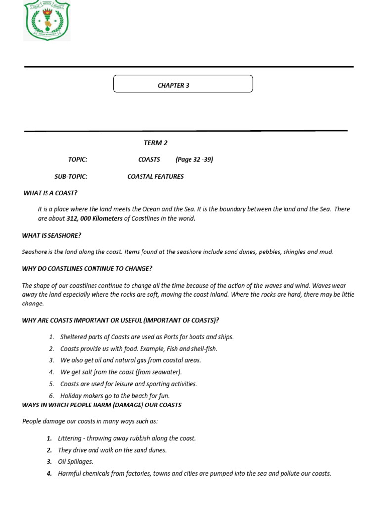 Grade 5 Term 2 Exam Notes Coast | PDF | Coast | Sea