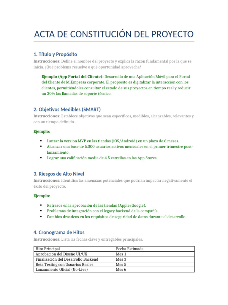 Modelo de Plantilla - Formato Acta Constitucion de Proyecto | PDF ...