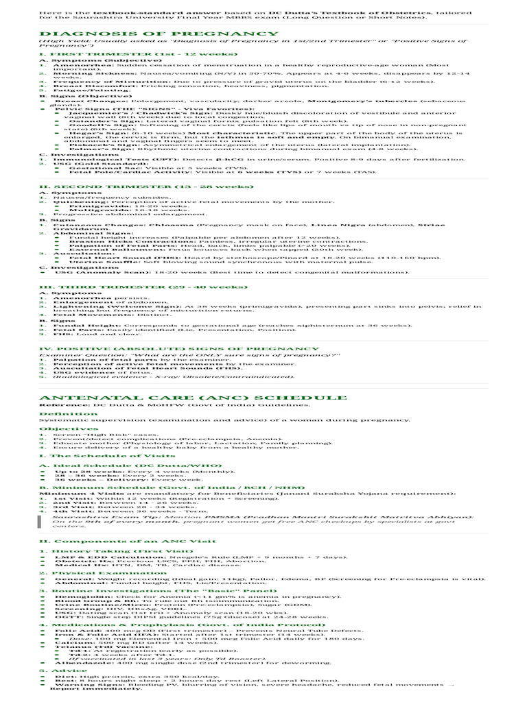 Diagnosis of Pregnancy and ANC Schedule | PDF | Pregnancy | Uterus