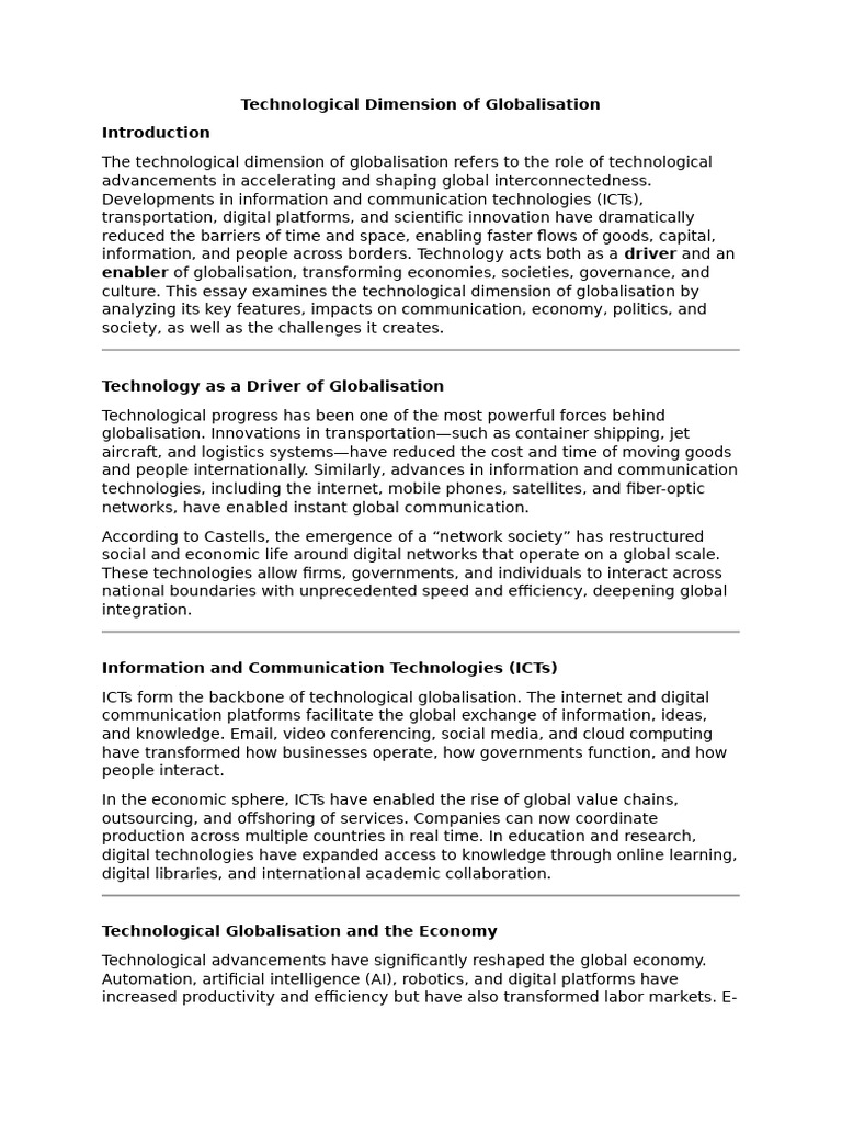 Technological Dimension of Globalisation | PDF | Globalization | Innovation