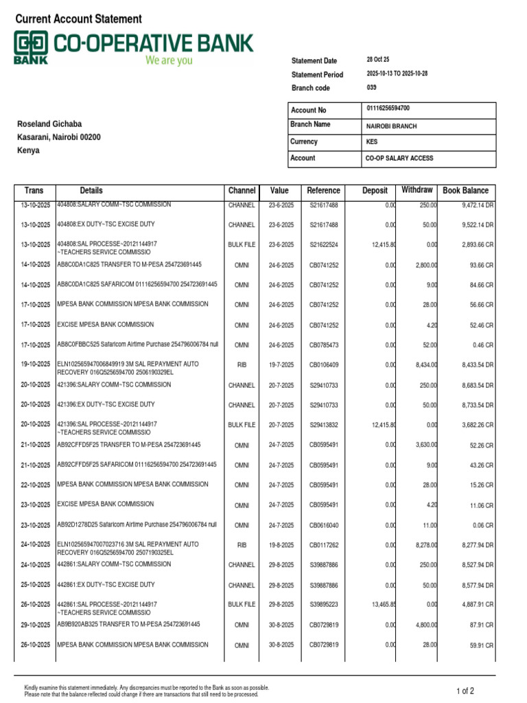 Roseland Gichaba Account - Statement Coop | PDF | Personal Finance ...