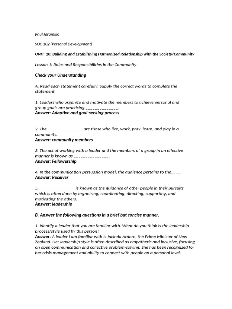 SOC 201 Unit 10 Lesson 1 Roles and Responsibilities in The Community ...