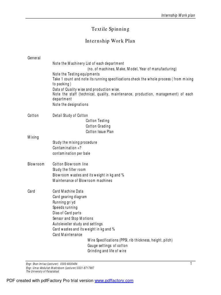 Textile Spinning Internship Work Plan | PDF | Cotton | Manufactured Goods