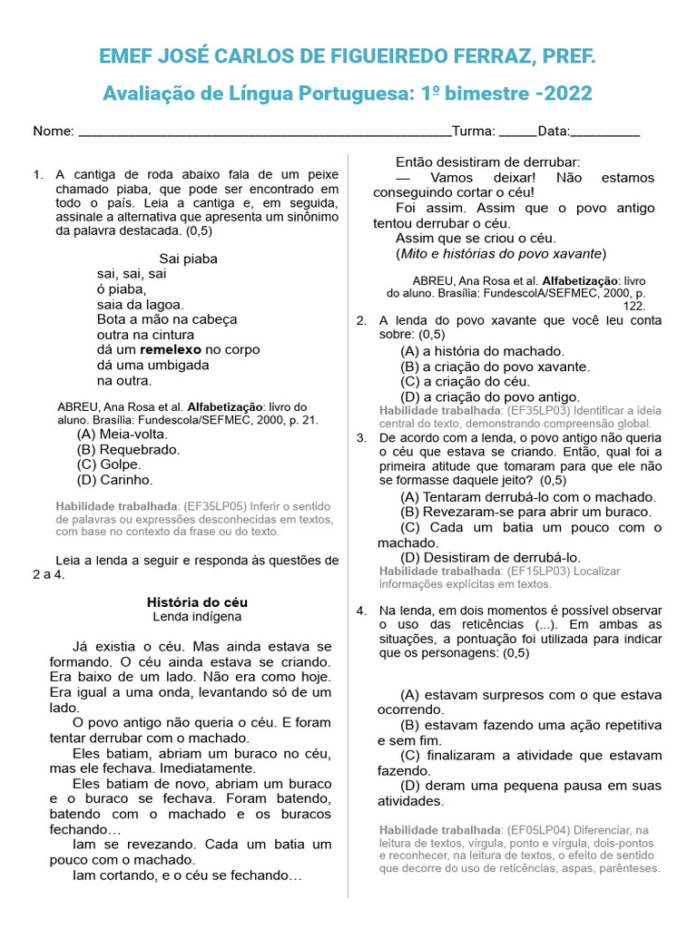 Avaliação de Língua Portuguesa - 1o Bimestre | PDF | Doação de sangue