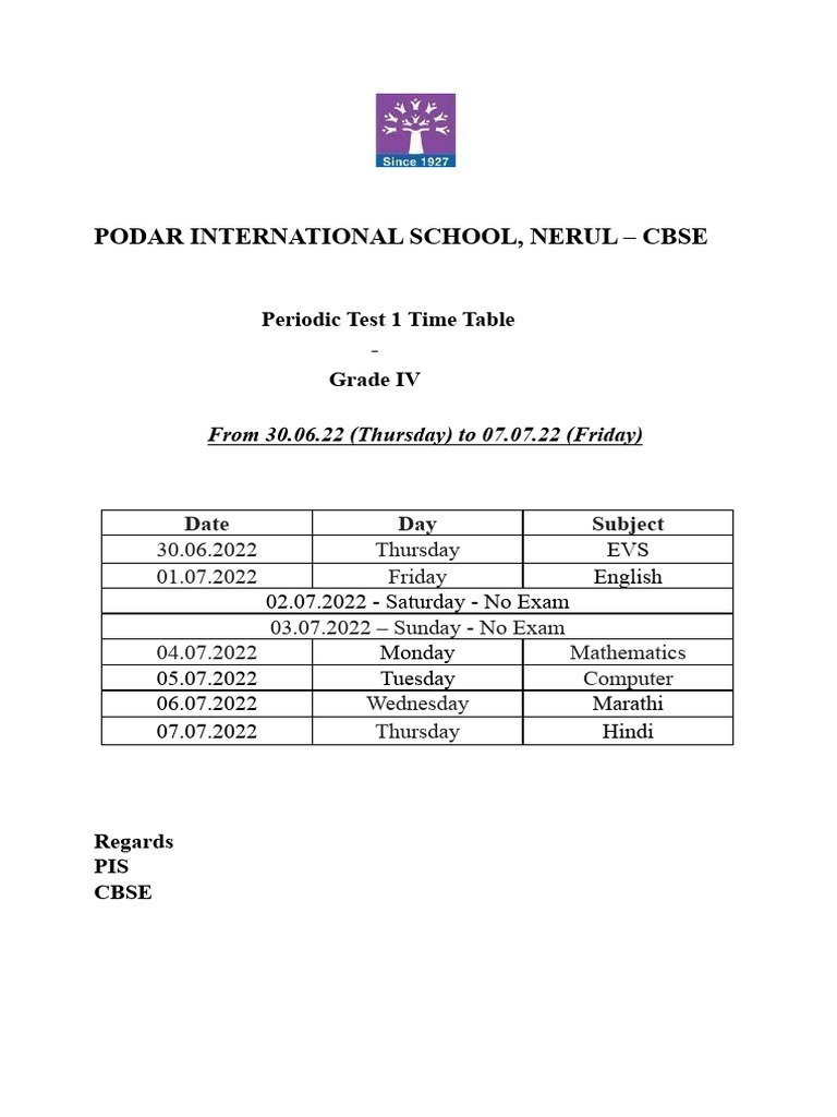 Grade IV - PT1 Time Table | PDF