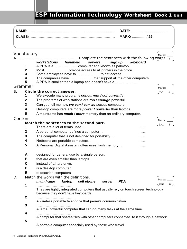 1 Esp It Worksheet Book 1 Unit 2 | PDF | Laptop | Personal Digital ...