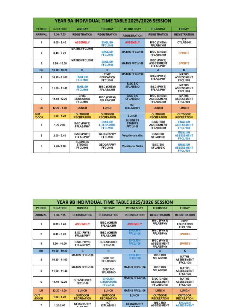 YEAR 9A & 9B EDITED INDIVIDUAL TIME TABLE | PDF