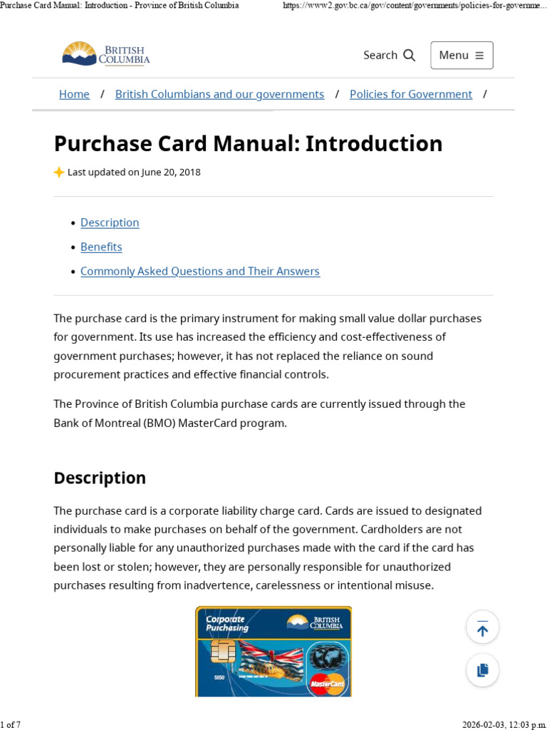 Purchase Card Manual_ Introduction - Province of British Columbia | PDF ...
