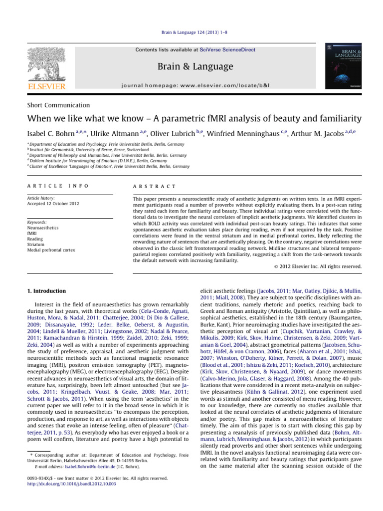 Bohrn, Isabel C. Et Al. - 'Whan We Like What We Know - A Parametric ...