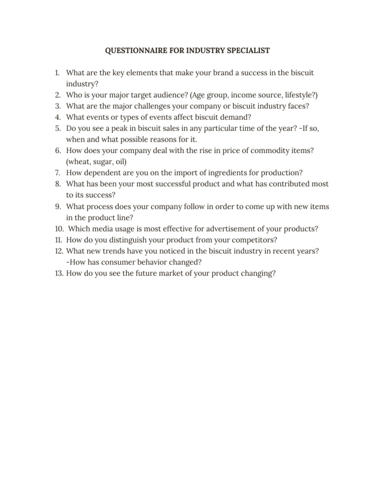 Mkt344 Questionnaire for Biscuit Industry Specialist | PDF