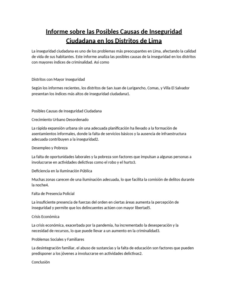 Informe Sobre Las Posibles Causas de Inseguridad Ciudadana en Los ...