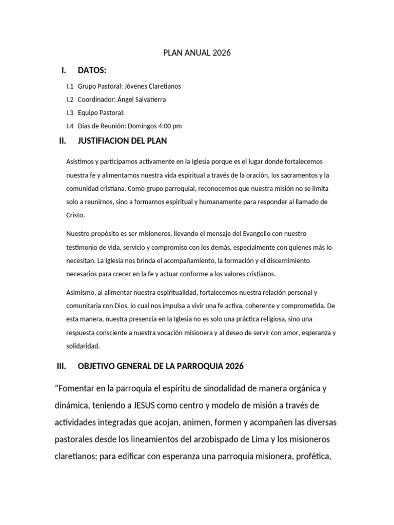 Plan Anual 2026 | PDF | Misionero | Iglesia Católica