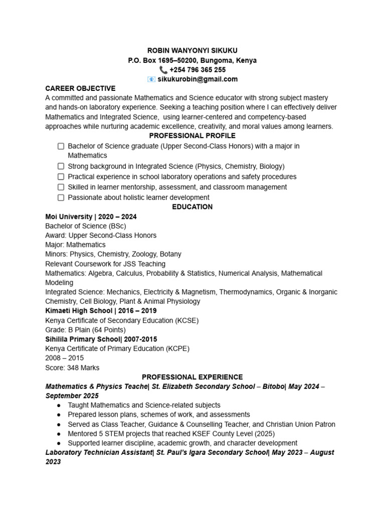 Robin Sikuku CV | PDF | Mathematics | Science