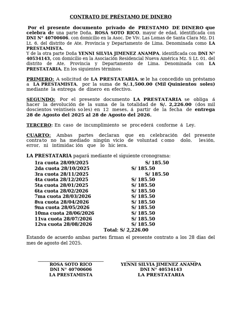 Contrato de Prestamo de Dinero | PDF