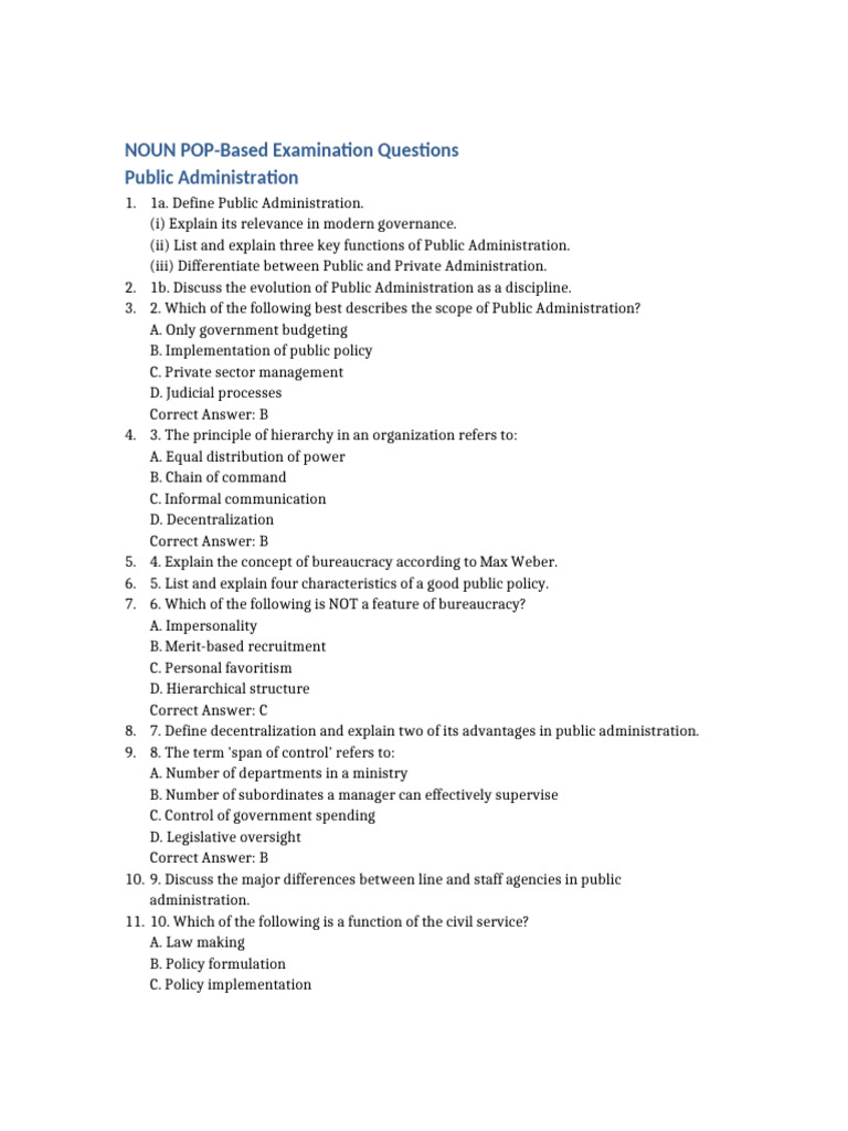 NOUN Public Administration Questions | PDF | Bureaucracy | Governance