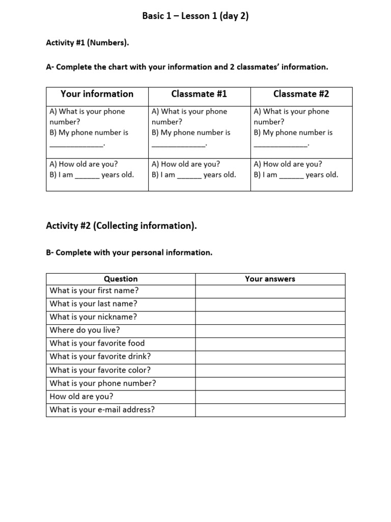 Basic 1 - Lesson 1 - Day 2 Worksheet | PDF
