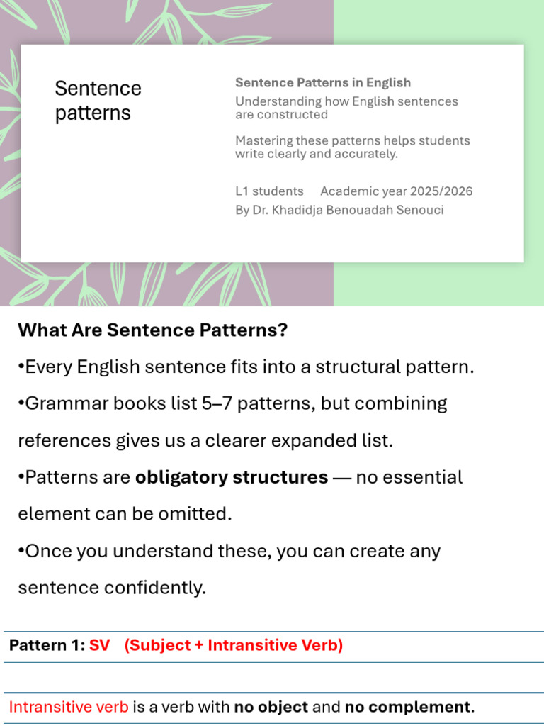 Sentence Patternss (1) | PDF | Verb | Subject (Grammar)