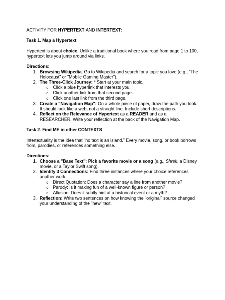 Activity for Hypertext and Intertext | PDF