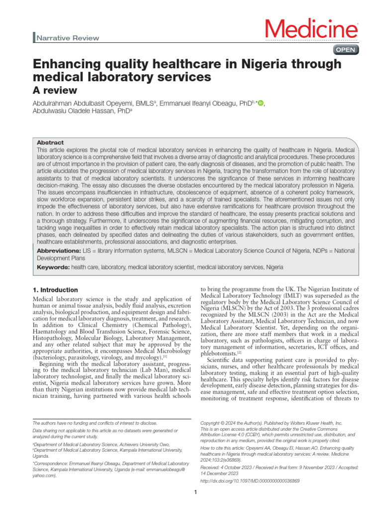 Enhancing Quality Healthcare in Nigeria Through.55 | PDF | Health Care ...