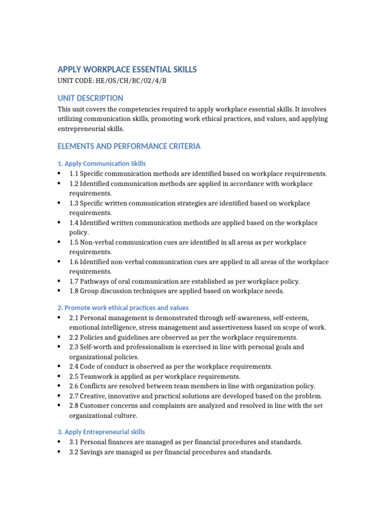 Apply Workplace Essential Skills | PDF | Communication | Entrepreneurship