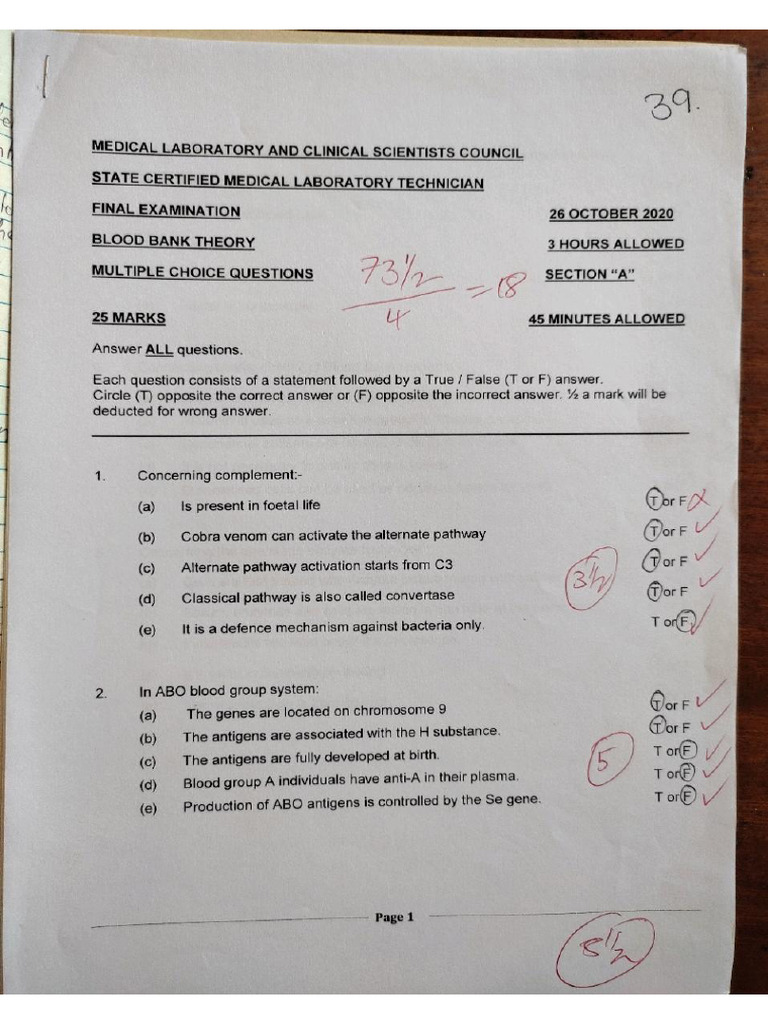 Blood Bank 2020 Model Answers | PDF
