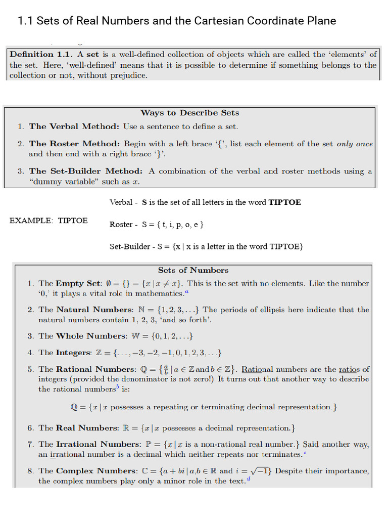1.1 Sets of Real Numbers and The Cartesian Coordinate Plane | PDF ...