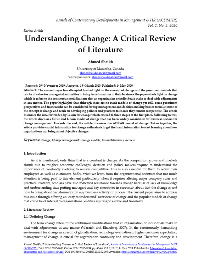Understanding Change A Critical Review of Literatu | PDF | Change ...