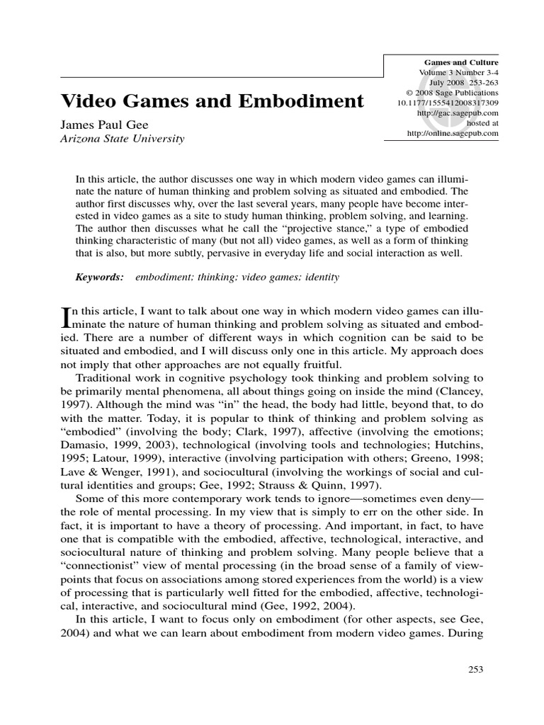 Gee 2008 Video Games and Embodiment | PDF | Mind | Embodied Cognition