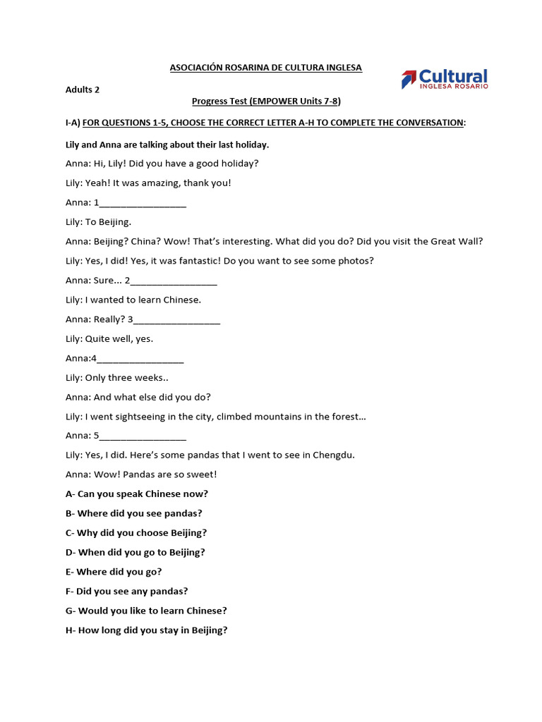 A2 Progress Test Units 7 - 8 | PDF