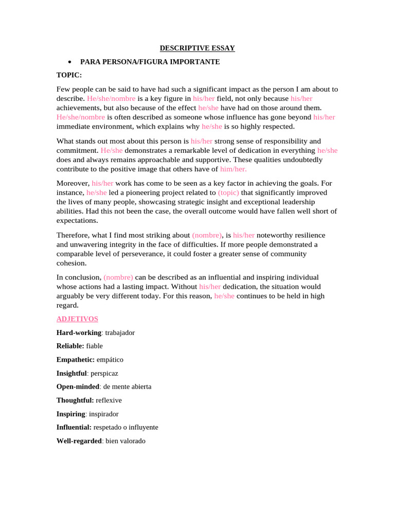 Estructura Descriptive Essay Persona | PDF