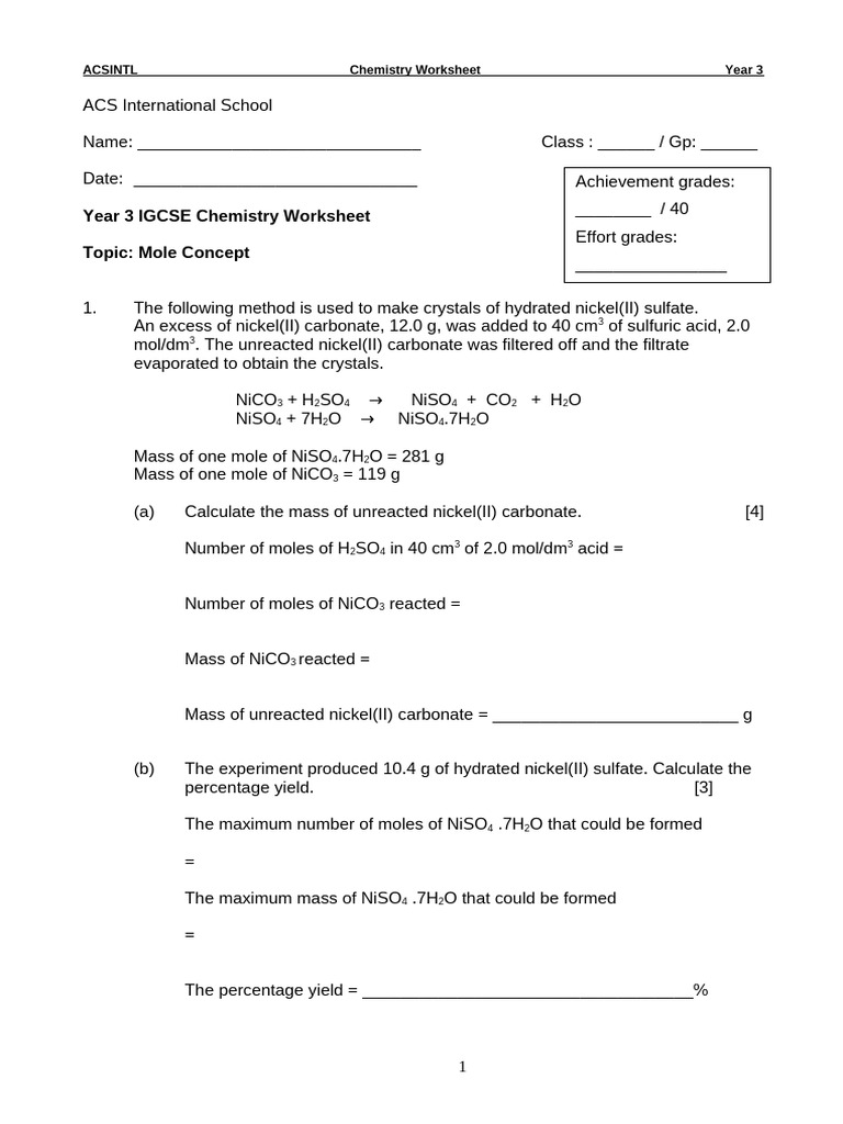 Mole Worksheet | PDF | Mole (Unit) | Oxide
