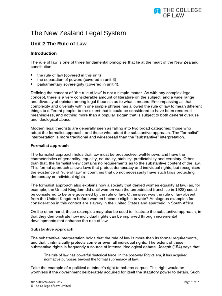 NZLPE Part 1 U02 Unit Notes 0317 | PDF | Rule Of Law | Public Law
