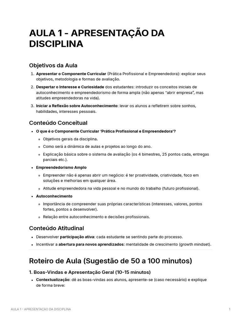 Aula 1 - Apresentação Da Disciplina | PDF | Empreendedorismo | Aprendizado