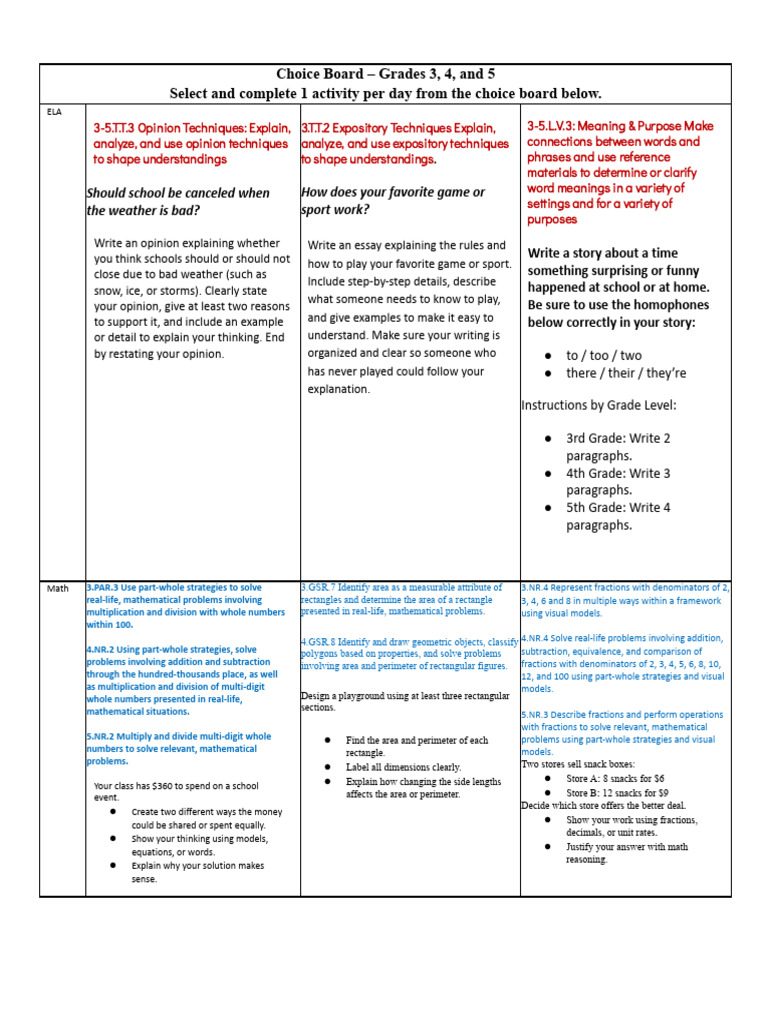 Grades 3-5 Choice Board Revised | PDF | Area | Multiplication