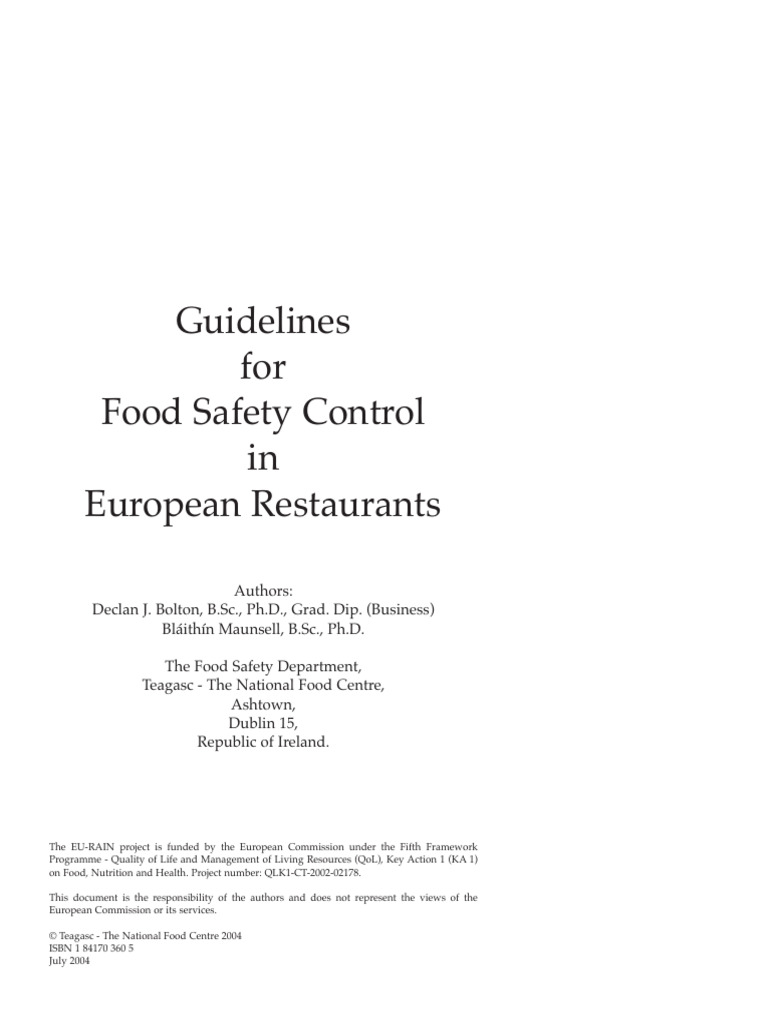 Guidelines For Food Safety Control in European Restaurants | PDF | Food ...