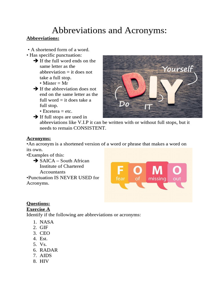 Abbreviations and Acronyms Exercise | PDF