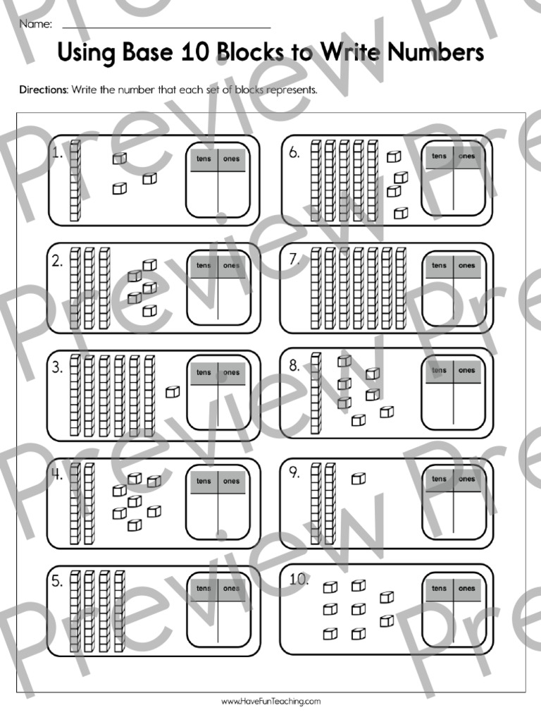 Using Base 10 Blocks To Write Numbers Worksheet Preview | PDF