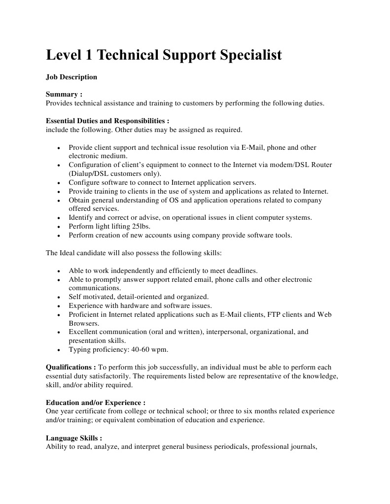 Level 1 Technical Support Specialist PDF Technical Support